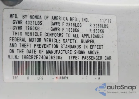 2013 Honda Accord Ex from USA, damaged, VIN 1HGCR2F74DA062005
